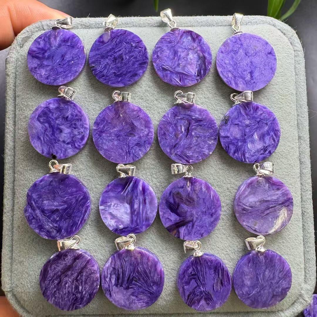 Natural Royal Charoite Coin Pendant, Mysterious Purple Crystal Jewelry, Sterling Silver Bail, Elegant Heirloom Necklace, Gift for Her