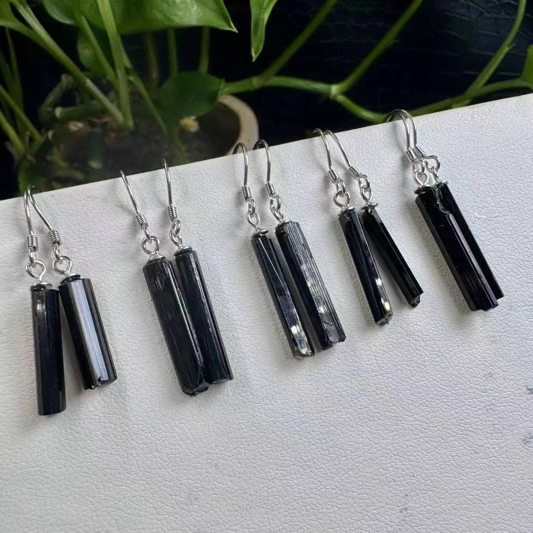 Black Tourmaline Earrings, S925 Sterling Silver Hooks, Crystal Jewelry