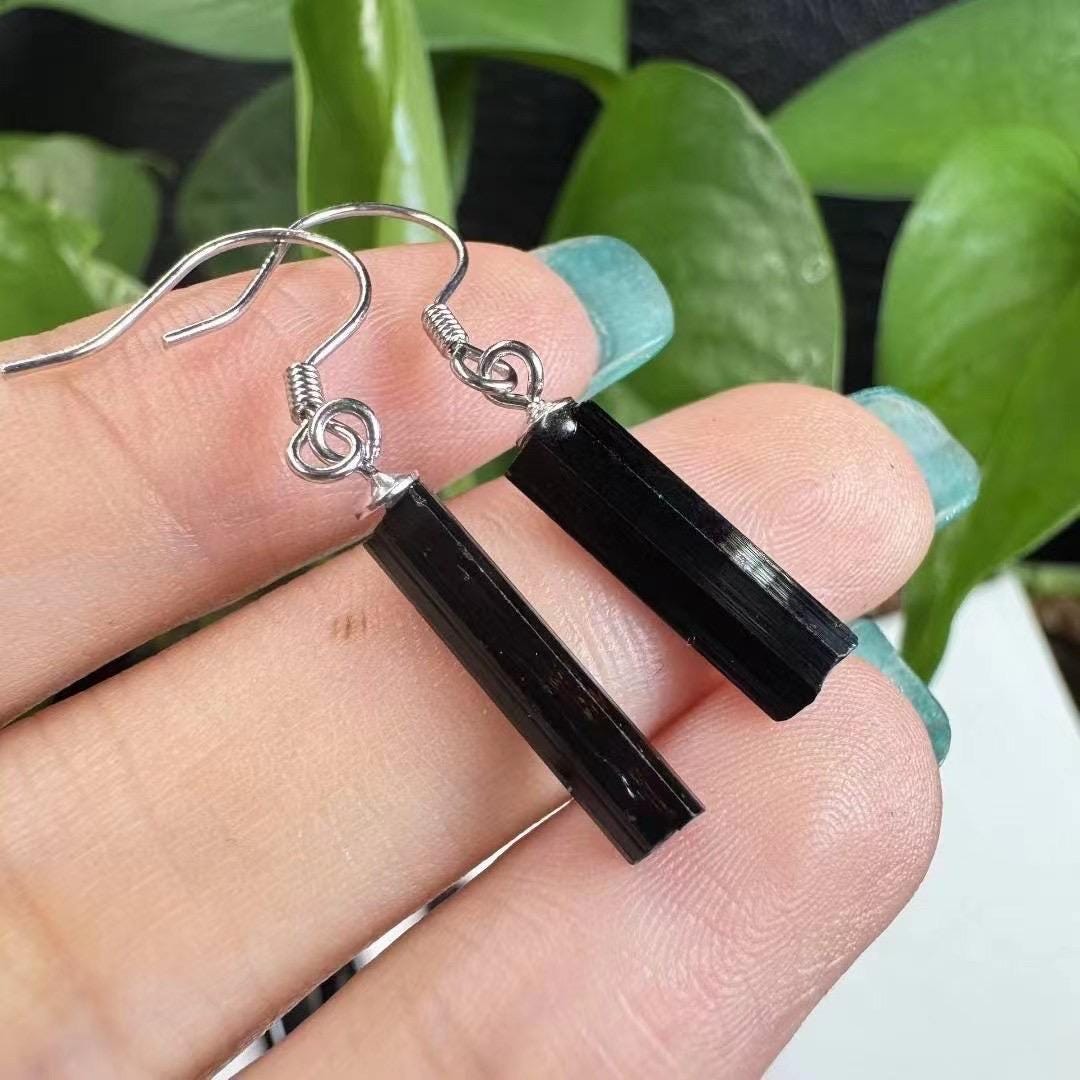 Black Tourmaline Earrings, S925 Sterling Silver Hooks, Crystal Jewelry
