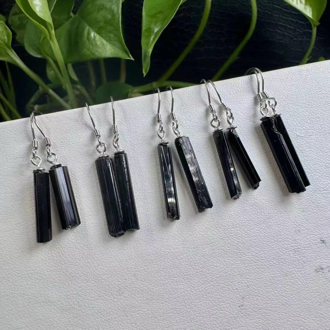Black Tourmaline Earrings, S925 Sterling Silver Hooks, Crystal Jewelry