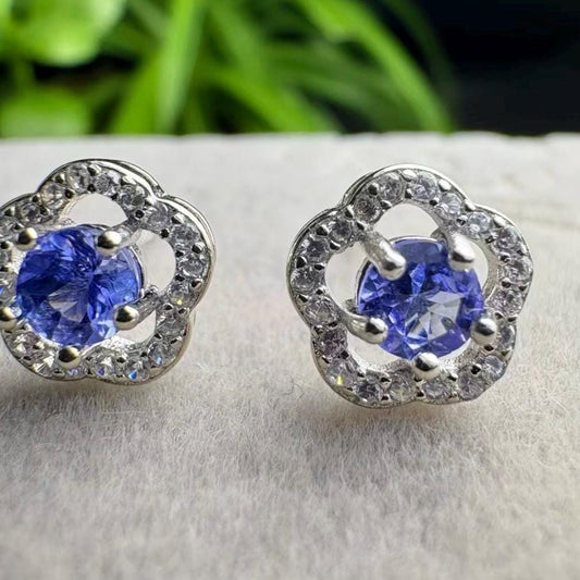 Handmade Tanzanite Stud Earrings, Sterling Silver Flower Design