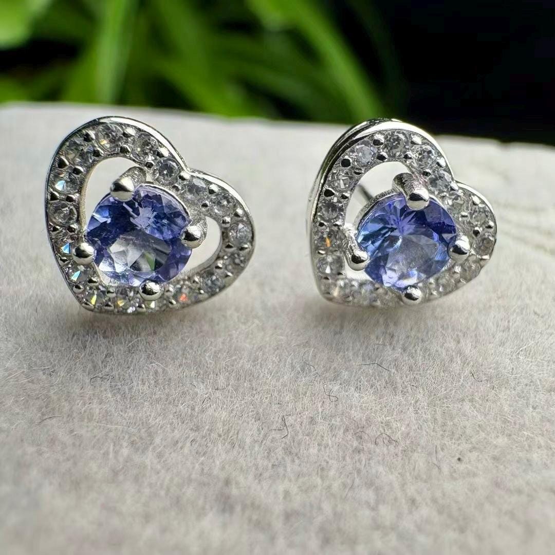 Handmade Tanzanite Stud Earrings, Sterling Silver Flower Design