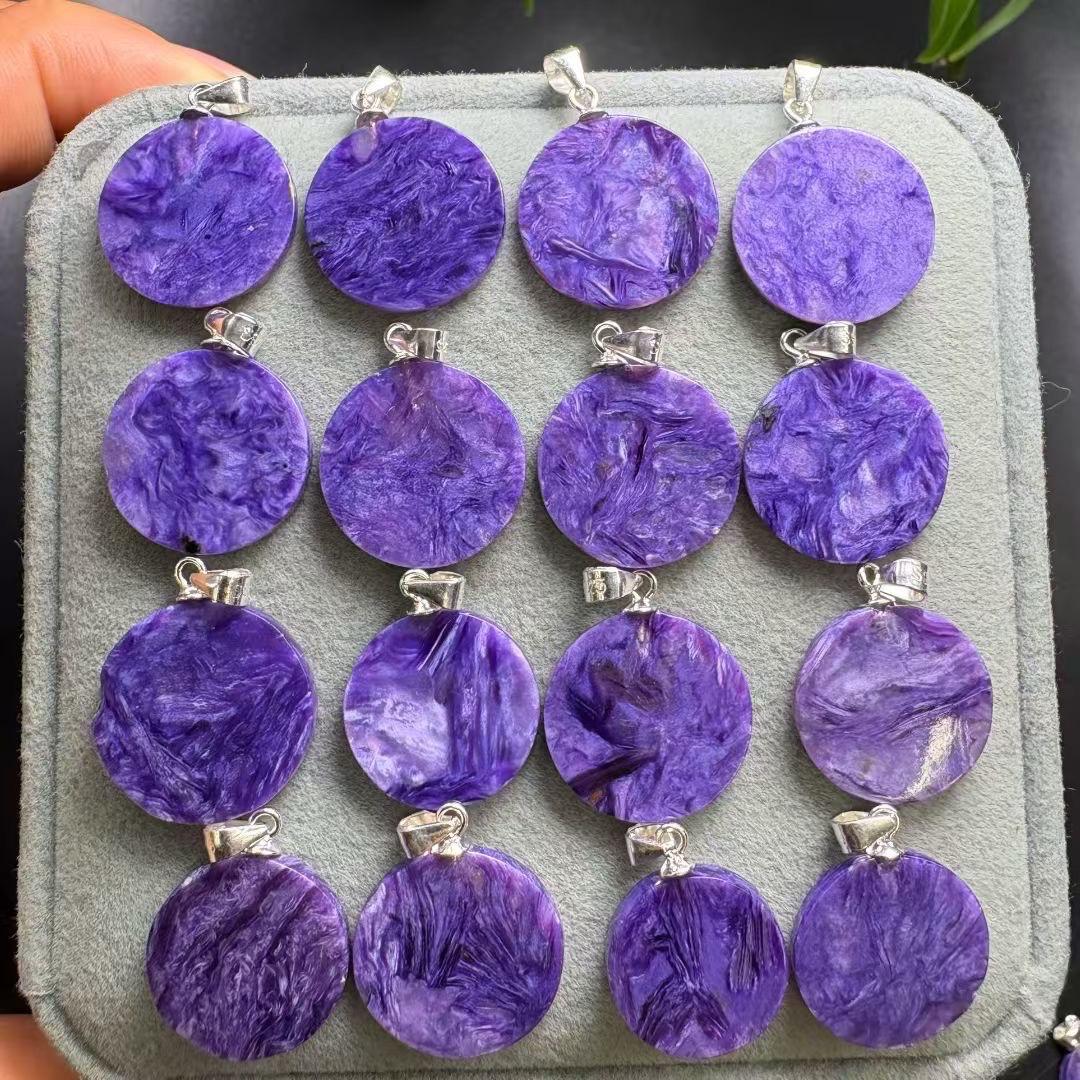 Natural Royal Charoite Coin Pendant, Mysterious Purple Crystal Jewelry, Sterling Silver Bail, Elegant Heirloom Necklace, Gift for Her