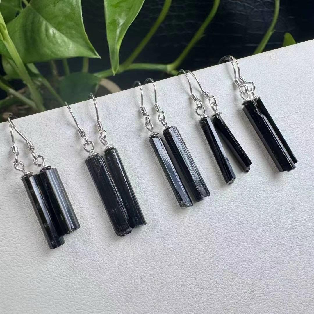 Black Tourmaline Earrings, S925 Sterling Silver Hooks, Crystal Jewelry