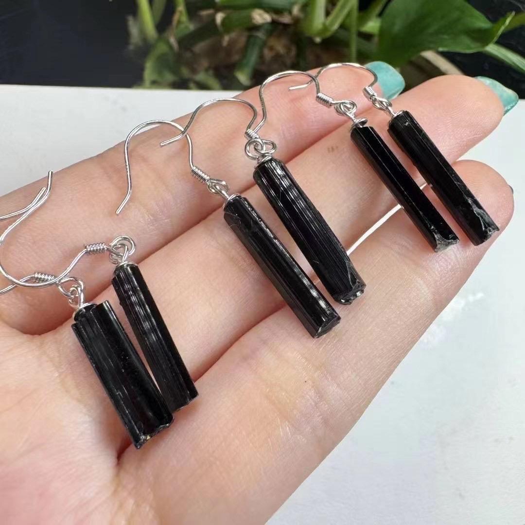 Black Tourmaline Earrings, S925 Sterling Silver Hooks, Crystal Jewelry