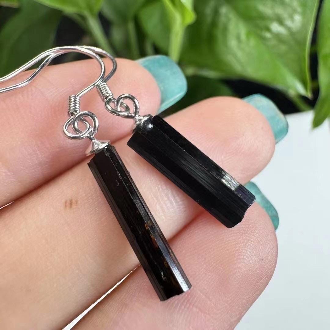 Black Tourmaline Earrings, S925 Sterling Silver Hooks, Crystal Jewelry