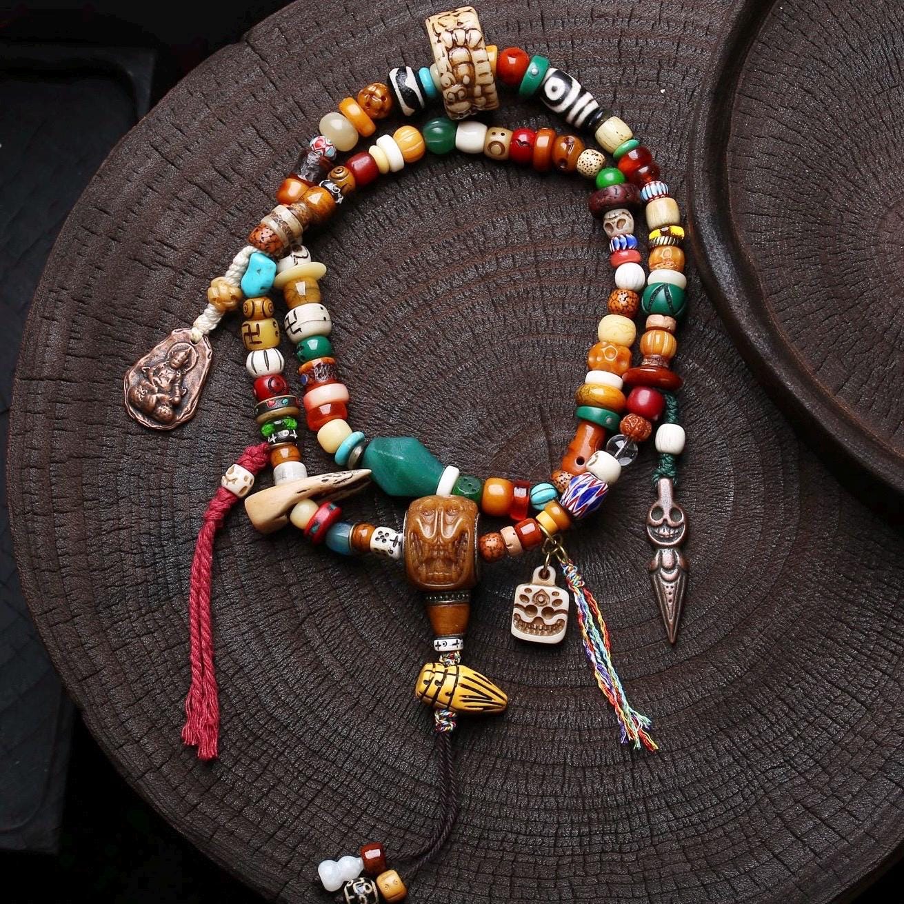 Handmade 108 Mala Multi-wrap Bracelet & Necklace, Dzi Bead Protection Amulet, Boho Tribal Yoga Prayer Beads, Spiritual Jewelry Gift