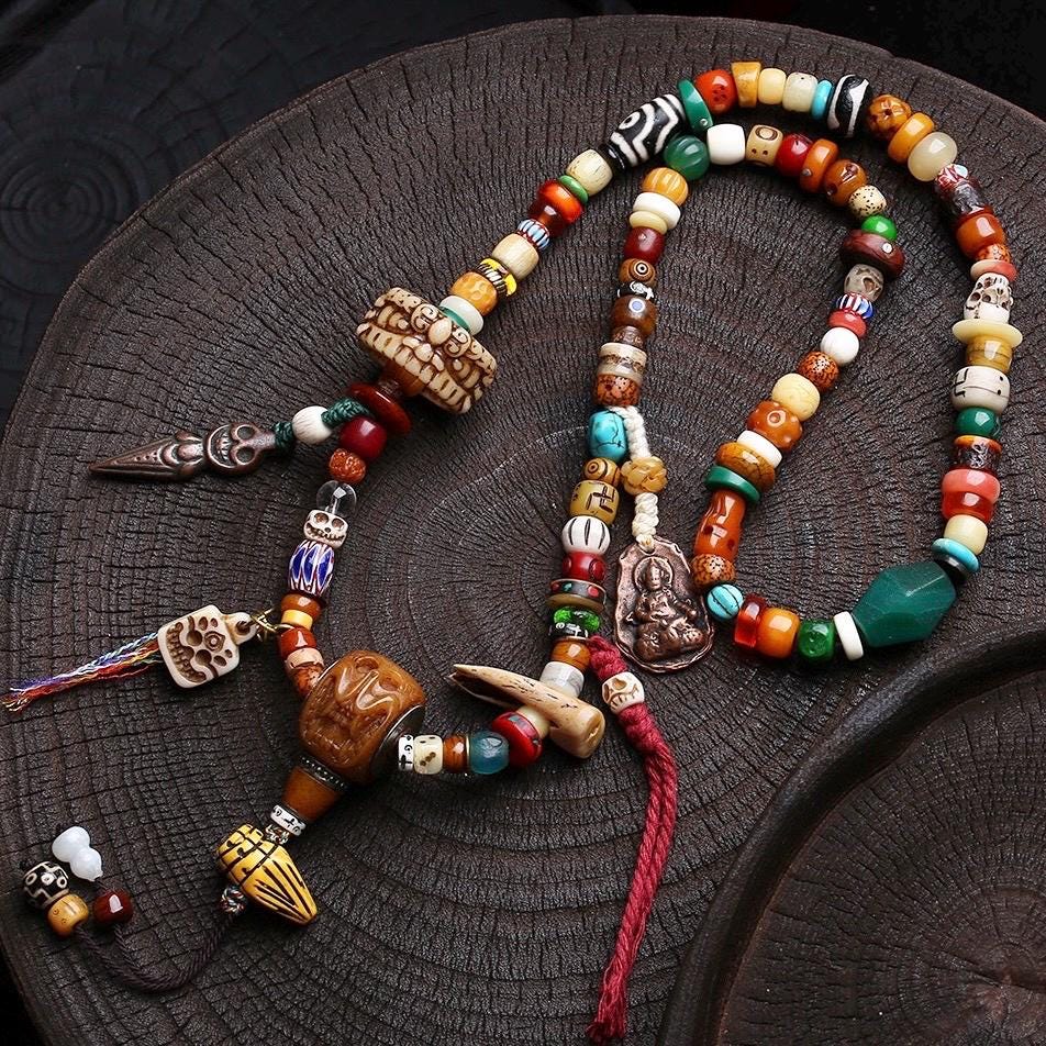 Handmade 108 Mala Multi-wrap Bracelet & Necklace, Dzi Bead Protection Amulet, Boho Tribal Yoga Prayer Beads, Spiritual Jewelry Gift