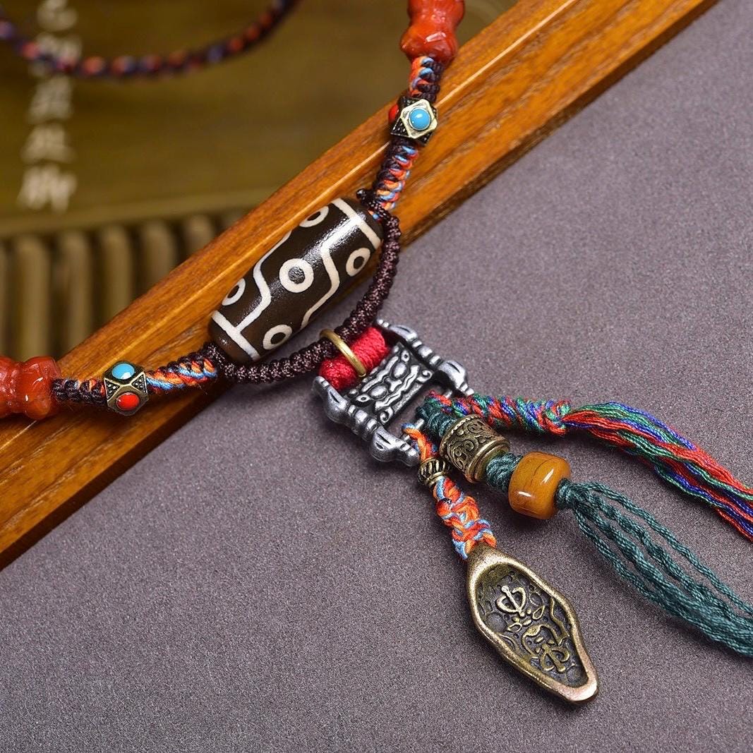 9 Eye Agate Pendant Necklace, Natural South Red Agate Lotus Disc, Artisan Beads Hand Woven Cord, Protection Yoga Meditation Gift