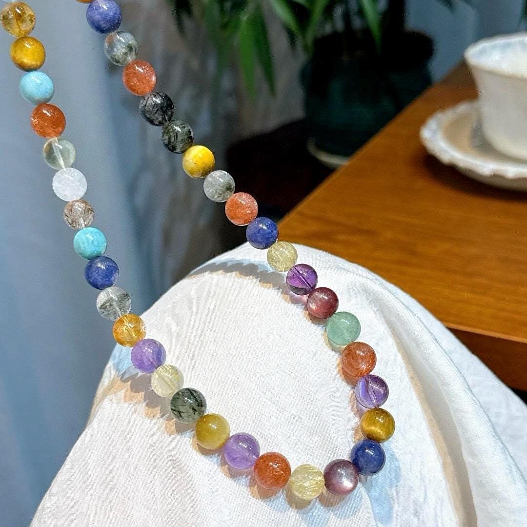Multi-Gemstone Necklace with Tanzanite, Amethyst, Larimar, Rhodochrosite, Rutilated Quartz, and Lepidolite, Goldstone, Amethyst Gift