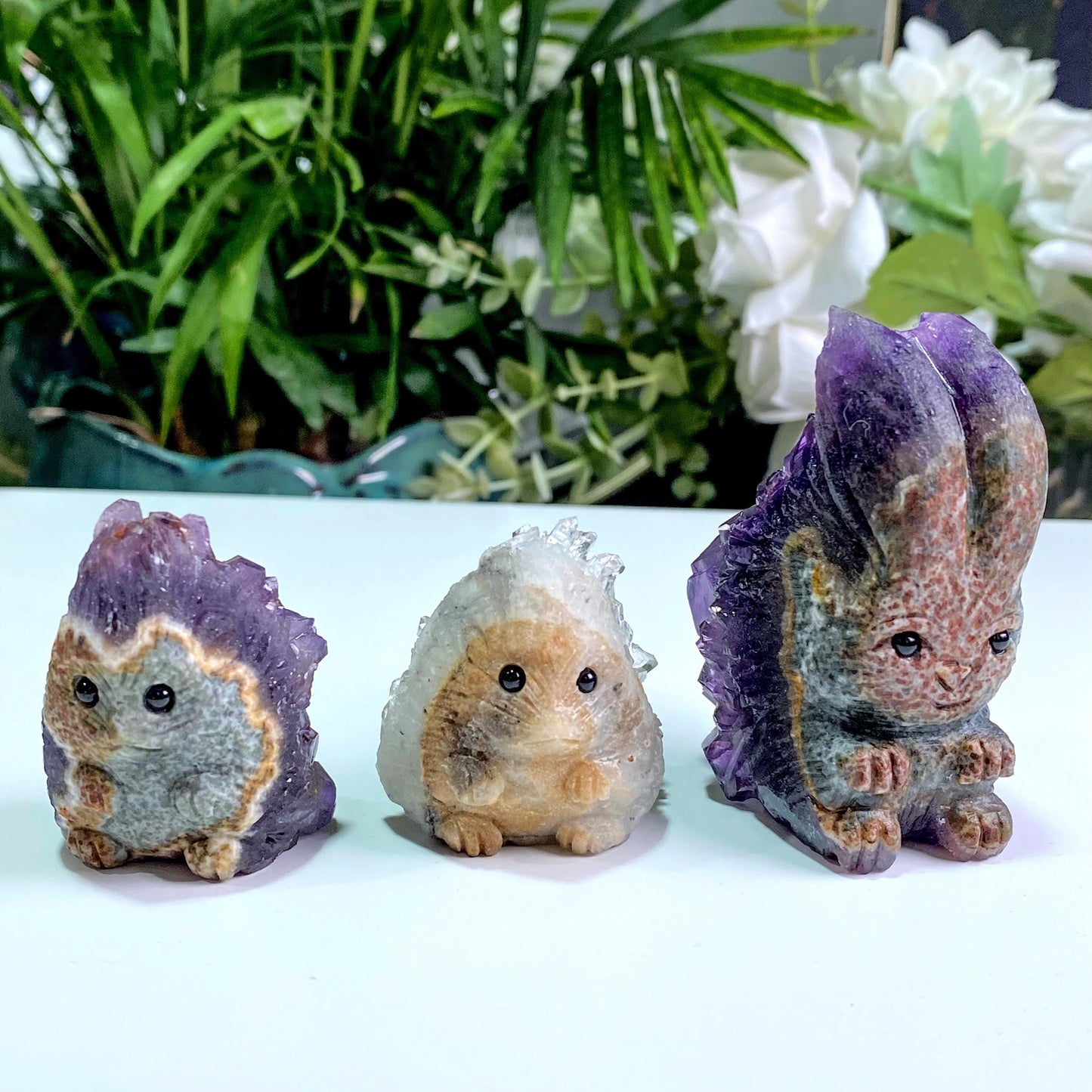 Raw Amethyst Hedgehog Carving, Amethyst Rabbit Statue, Hand Carved Crystal Animal Figurine, Druzy Quartz Pet, Unique Desk Decor Gift