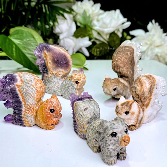 Natural Amethyst/Clear Quartz Cluster Animal Carving, Hand Carved Cute Squirrels, Crystal Squirrels Ornaments, Animal Sculpture, Home Decor