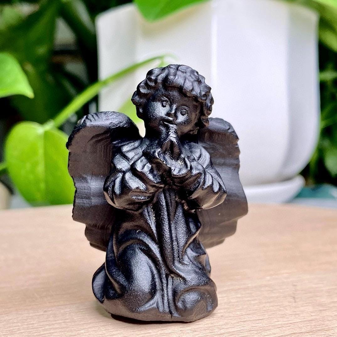 Natural Black Obsidian Angle Carving, Crystal Cherub, Crystal Angel, Angel Sculpture, Birthday Gift, Christmas Home Decor