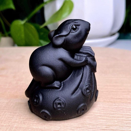 Natural Black Obsidian Animal Carving, Lucky Rat, Little Money Mouse Ornaments, Animal Sculpture, Birthday Gift, Fengshui Home Decor