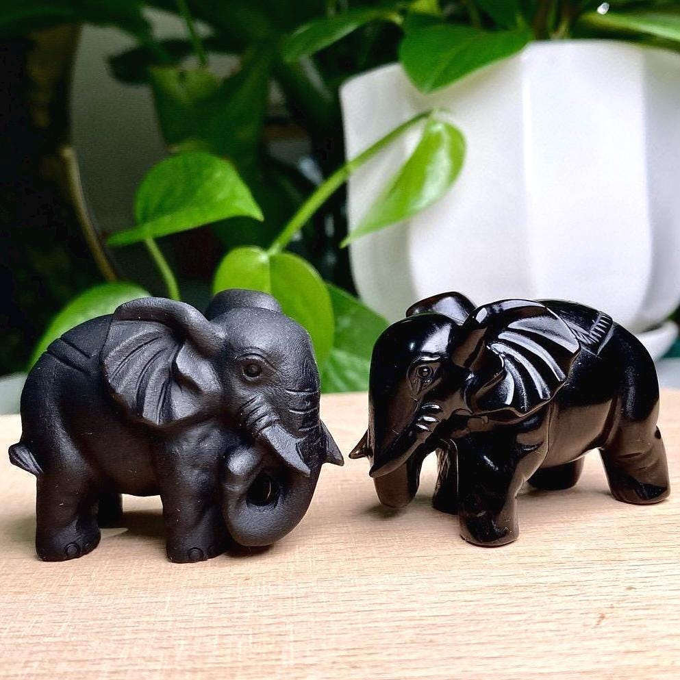 Natural Black Obsidian Elephant Carving, Crystal Frosted Elephant Obsidian Ornament, Elephant Sculpture, Birthday Gift, Christmas Home Decor