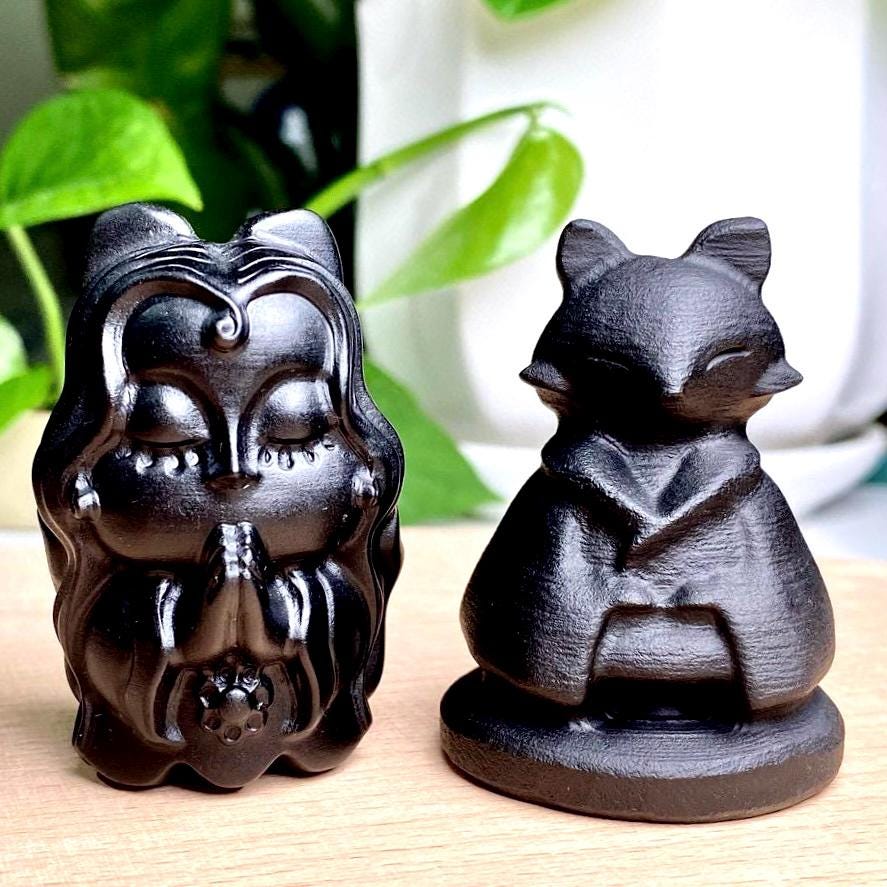 Natural Black Obsidian Fox Lady Carving, Crystal Cute Fox Skull, Crystal Fox, Crystal Nine-Tailed Fox, Birthday Gift, Fengshui Home Decor