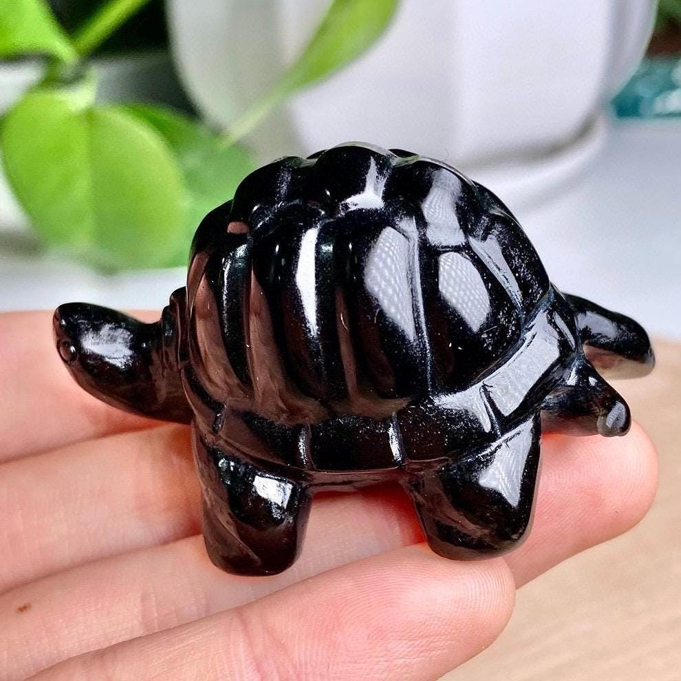 Black Obsidian Turtle Statue: Hand Carved Natural Gemstone Tortoise Figurine - Mystical Protection Stone Animal Home Decor