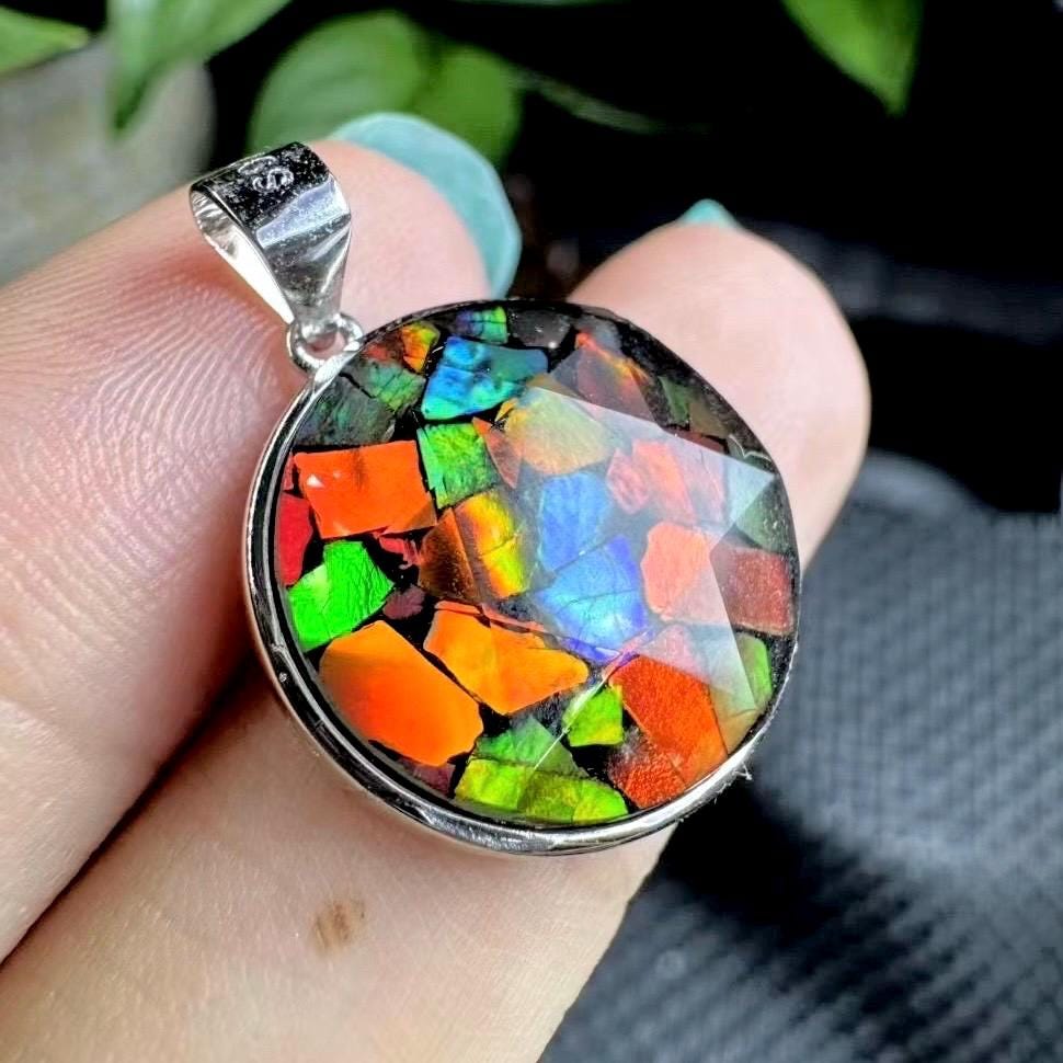 1 Pcs Natural Ammolite Pendant, S925 Silver Inlay Pendant, Healing Crystal Necklace, Korite Gemstone Pendant, Anniversary Gift