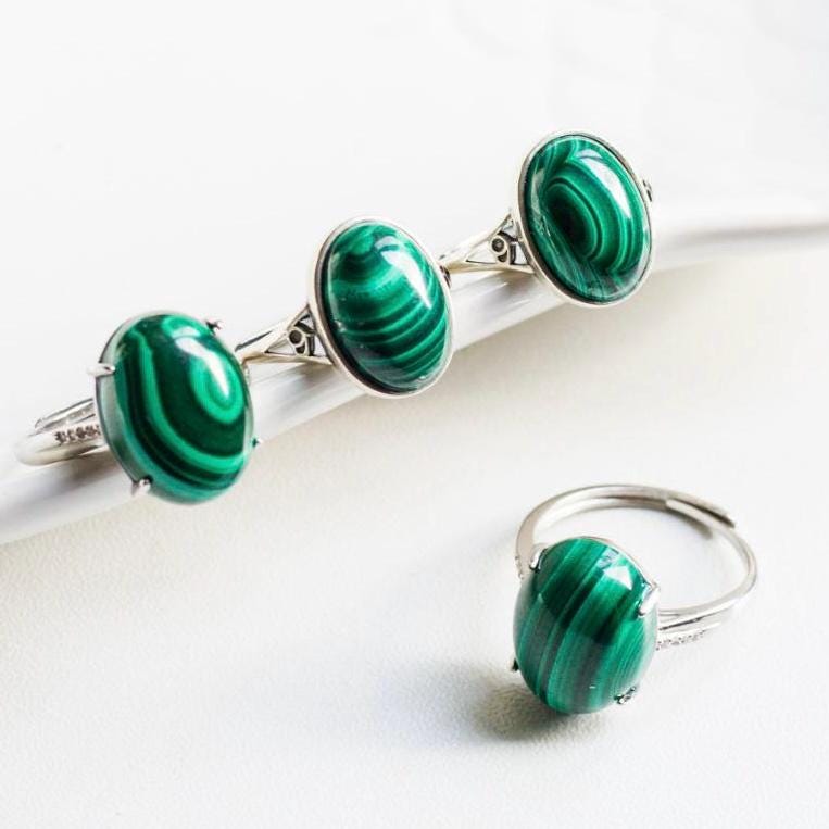 Natural Oval Malachite Ring,925 Sterling Silver,Adjustable Size Ring,Oval Gemstone Rings,Crystal Ring Gift,Anniversary Gift for Women