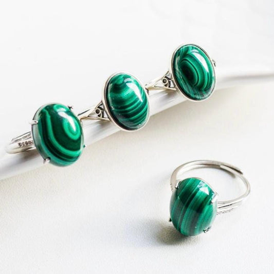 Natural Oval Malachite Ring,925 Sterling Silver,Adjustable Size Ring,Oval Gemstone Rings,Crystal Ring Gift,Anniversary Gift for Women