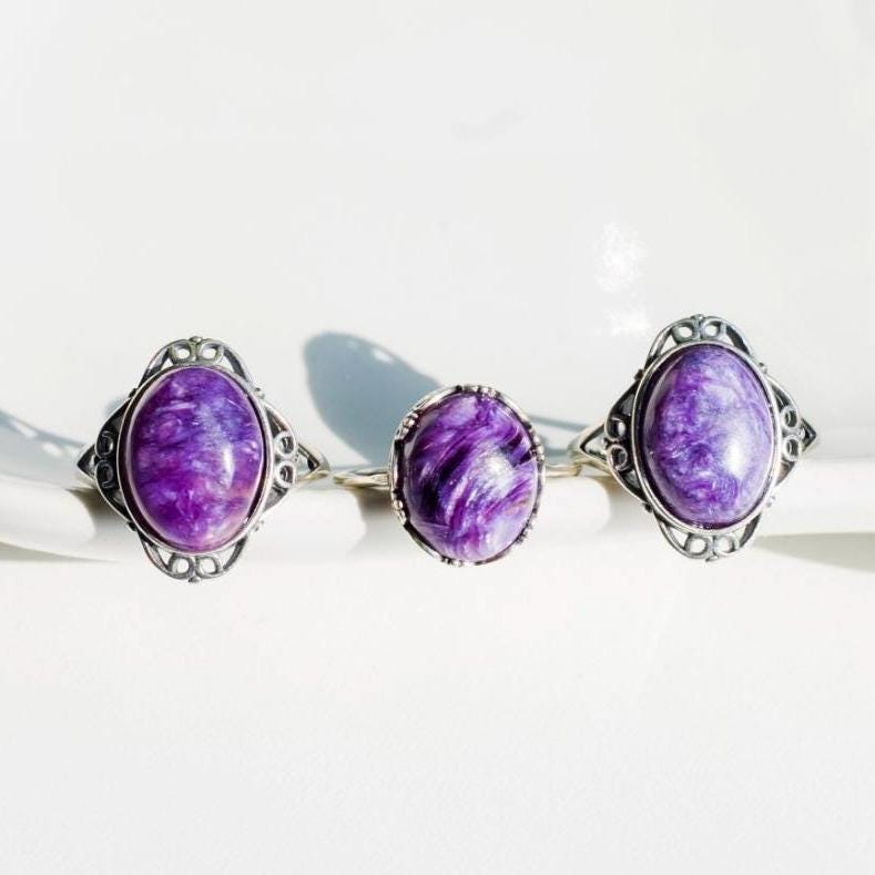 Natural Charoite Ring,925 Sterling Silver Ring, Adjustable Size Ring, Gemstone Charoite Rings, Crystal Ring Gift, Anniversary Gift for Her