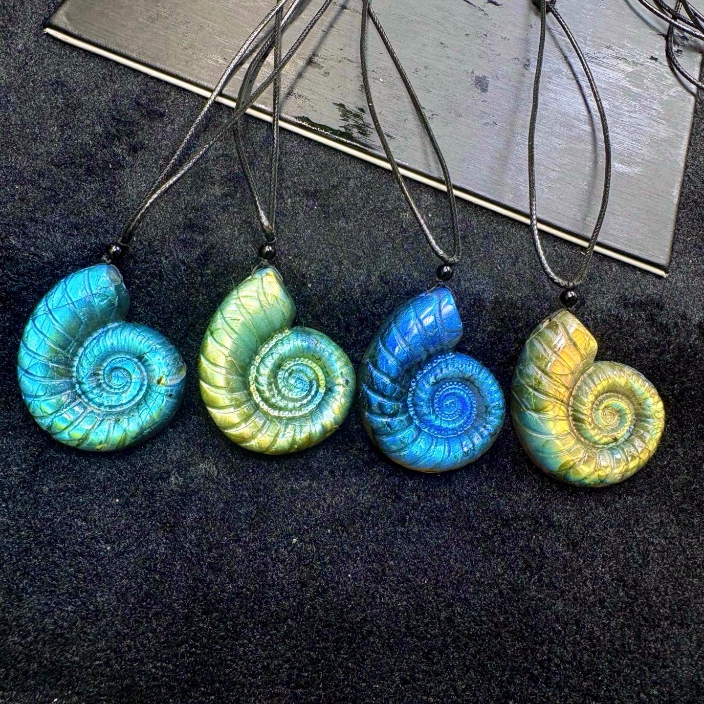 Hand-Carved Labradorite Seashell Pendant, Waxed Cord Choker
