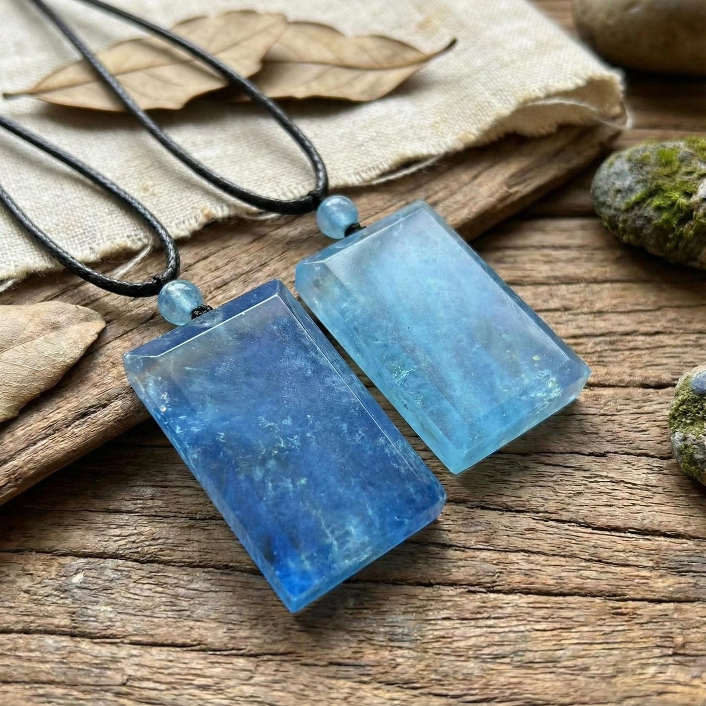 1Pcs Natrual Icy Clear Aquamarine Square Pendant Necklace, Adjustable Leather Cord, Throat Chakra Stone, Soothing Communication Crystal