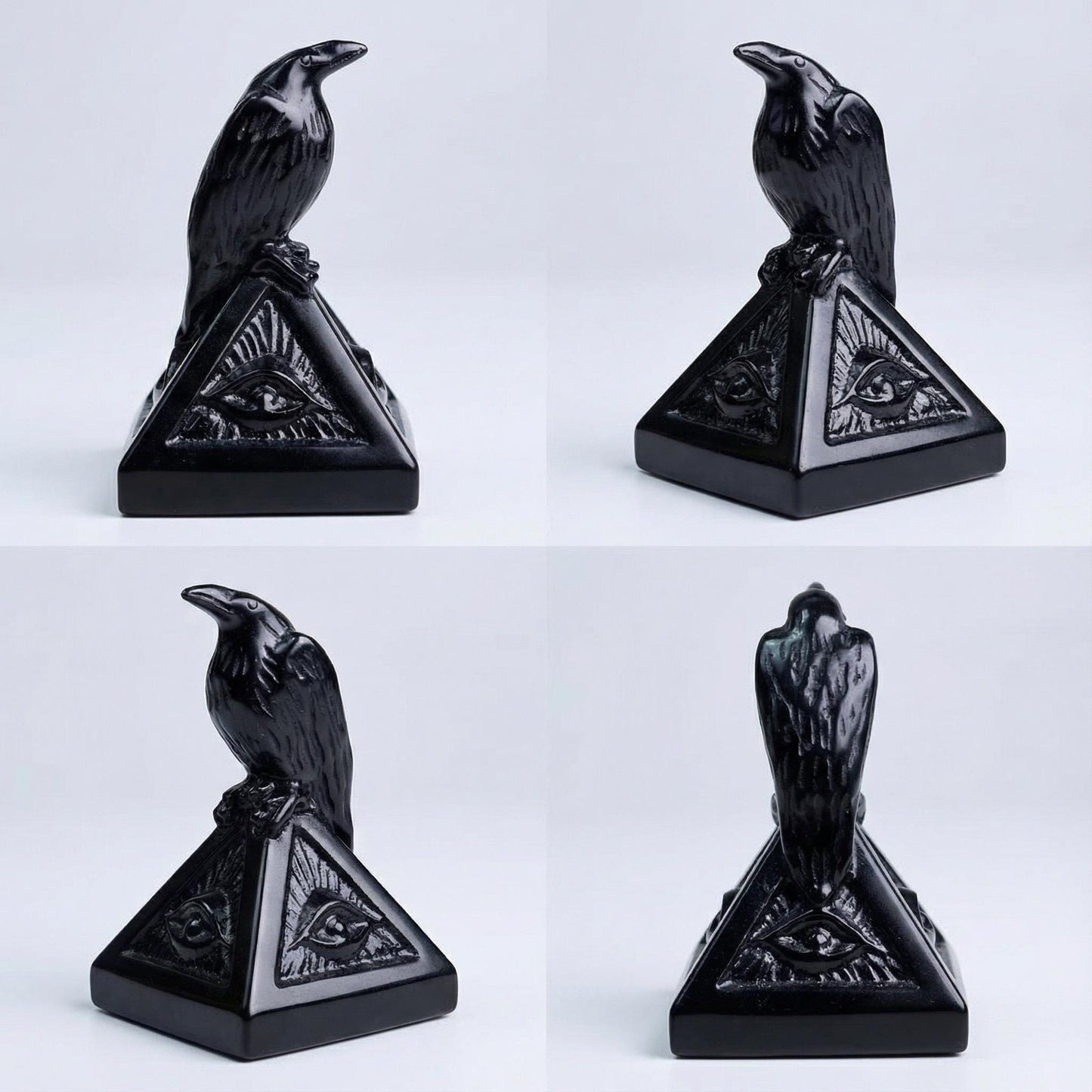 Black Obsidian Pyramid with Eye of Horus & Raven, Hand Carved Gothic Altar Decor, Spiritual Protection Stone, Ancient Egyptian Style Gift