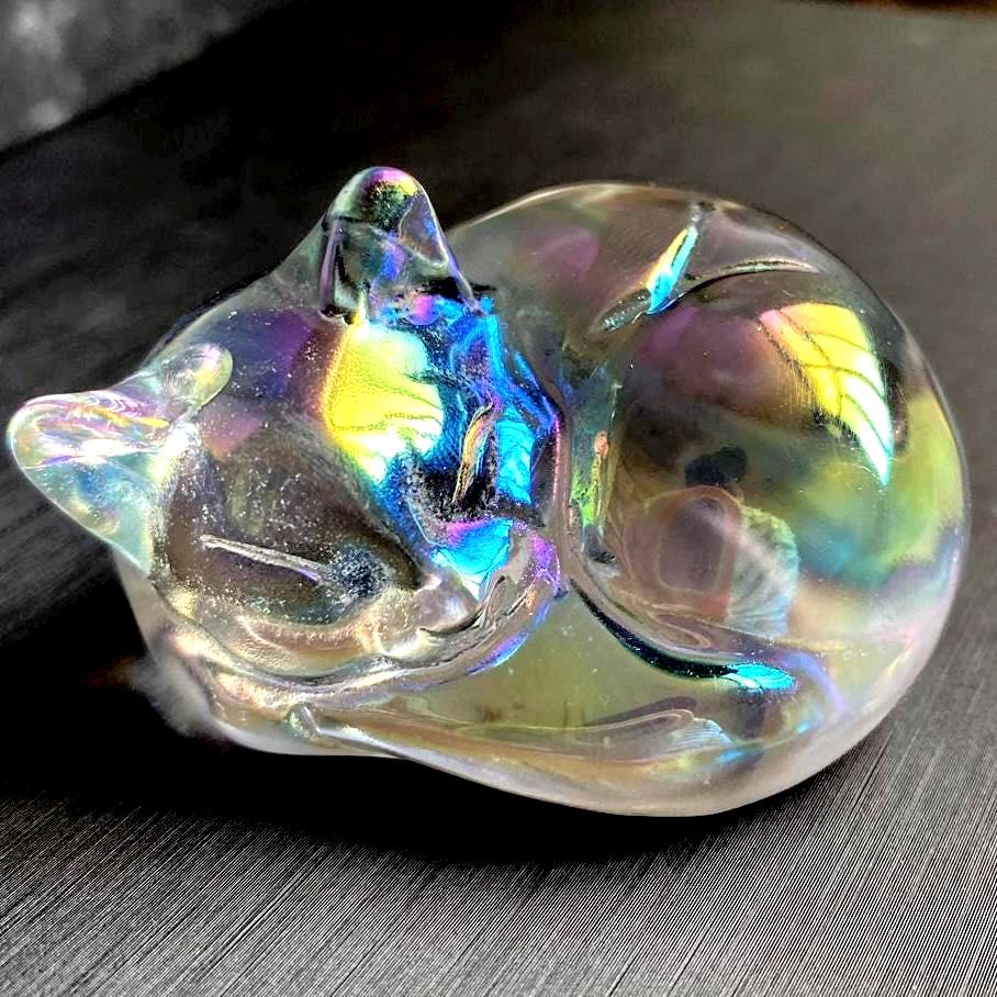 Rainbow Aura Cat Sculpture, Hand Carved Iridescent Sleeping Kitten, Unique Desk Pet, Sympathy Gift for Cat Loss, Crystal Home Office Decor