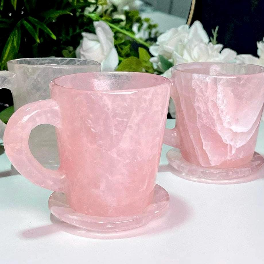 Hand-Carved Rose Quartz Heart Coffee Mug Set, Crystal Tea Cups, Romantic Boho Drinkware for Wedding Favors, Customizable Valentine’s Gift