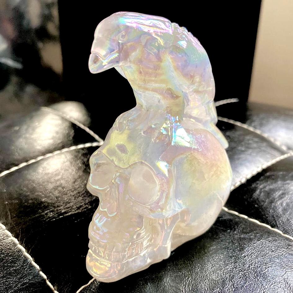 gift for Mother's day Angel Aura Quartz Skull & Eagle Carving | Crystal Figurine | Spiritual Healing Protection Gemstone Decor