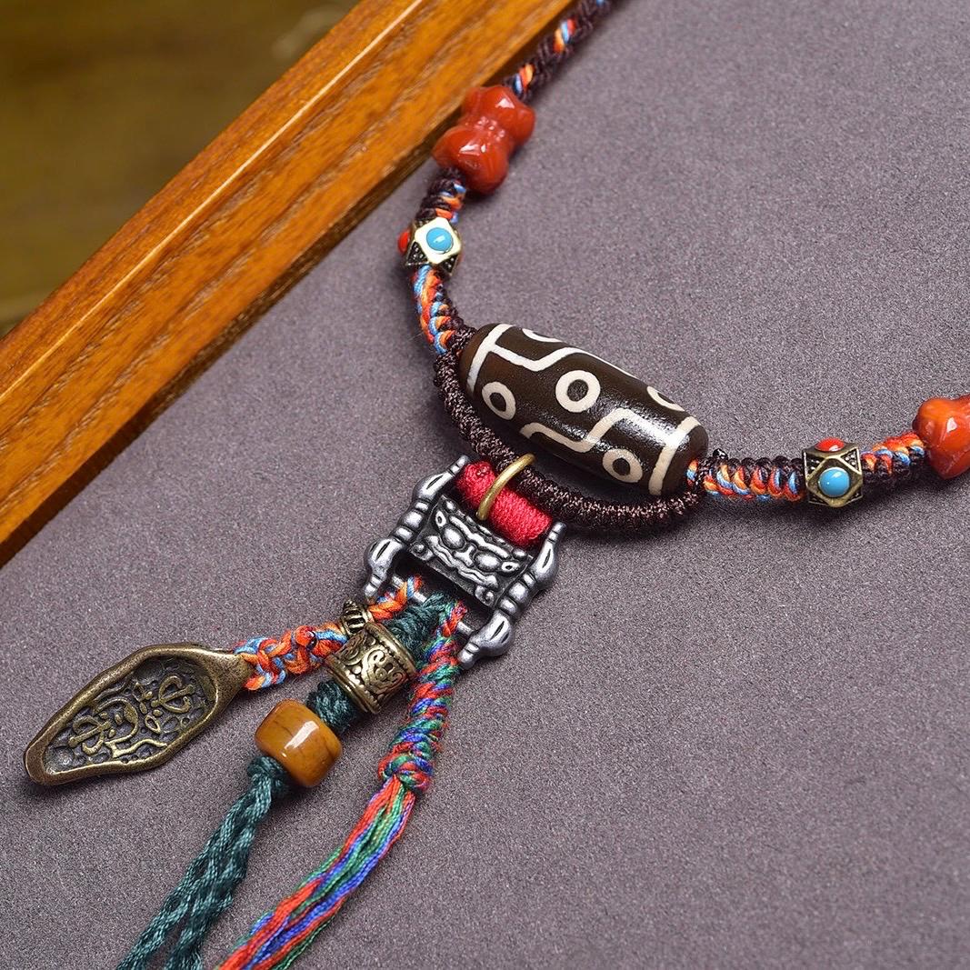9 Eye Agate Pendant Necklace, Natural South Red Agate Lotus Disc, Artisan Beads Hand Woven Cord, Protection Yoga Meditation Gift