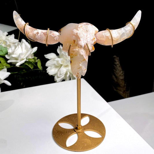 Flower Agate Buffalo Head Statue on Stand, Handcarved Crystal OX Head, Reiki Healing Decor,Gift for Mom