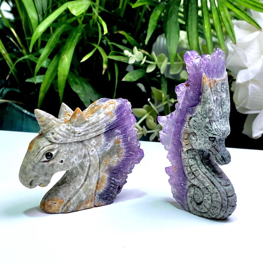 Natural Amethyst Cluster Unicorn Dragon Carving, Hand Carved Cute Dragon, Crystal Unicorn Ornaments, Animal Sculpture, Home Decor
