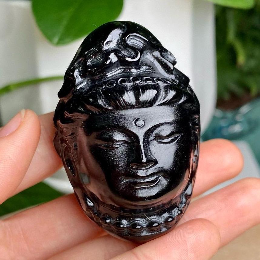 Natural Black Obsidian Carving, Crystal Buddha, Avalokitesvara, Obsidian Monk, Mini Statue, Lovely Crystal Statue, Birthday Gift, Home Decor