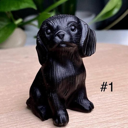 Natural Black Obsidian Dog Carving, Crystal Labrador, Crystal Pomeranian, Crystal Wolfdog, Crystal Yuanbao Dog,  Christmas Home Decor