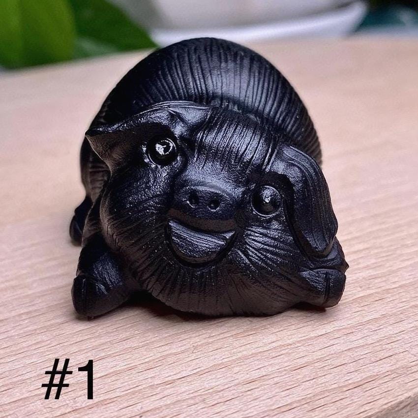 Natural Black Obsidian Pig Carving, Crystal Smile Pig, Crystal Fortune Pig, Animal Sculpture, Birthday Gift, Fengshui Home Decor
