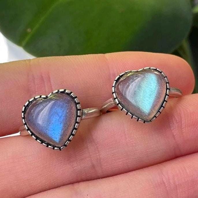 Labradorite Heart Ring, 925 Sterling Silver, Adjustable Size