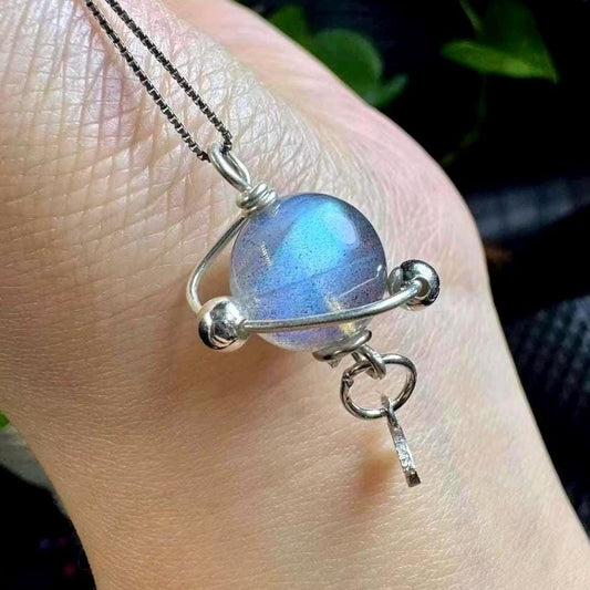Natural Labradorite Pendant, Labradorite Planet Pendant, S925 Sterling Silver Galaxy Pendant Necklace, Celestial Jewelry, Universe Jewelry
