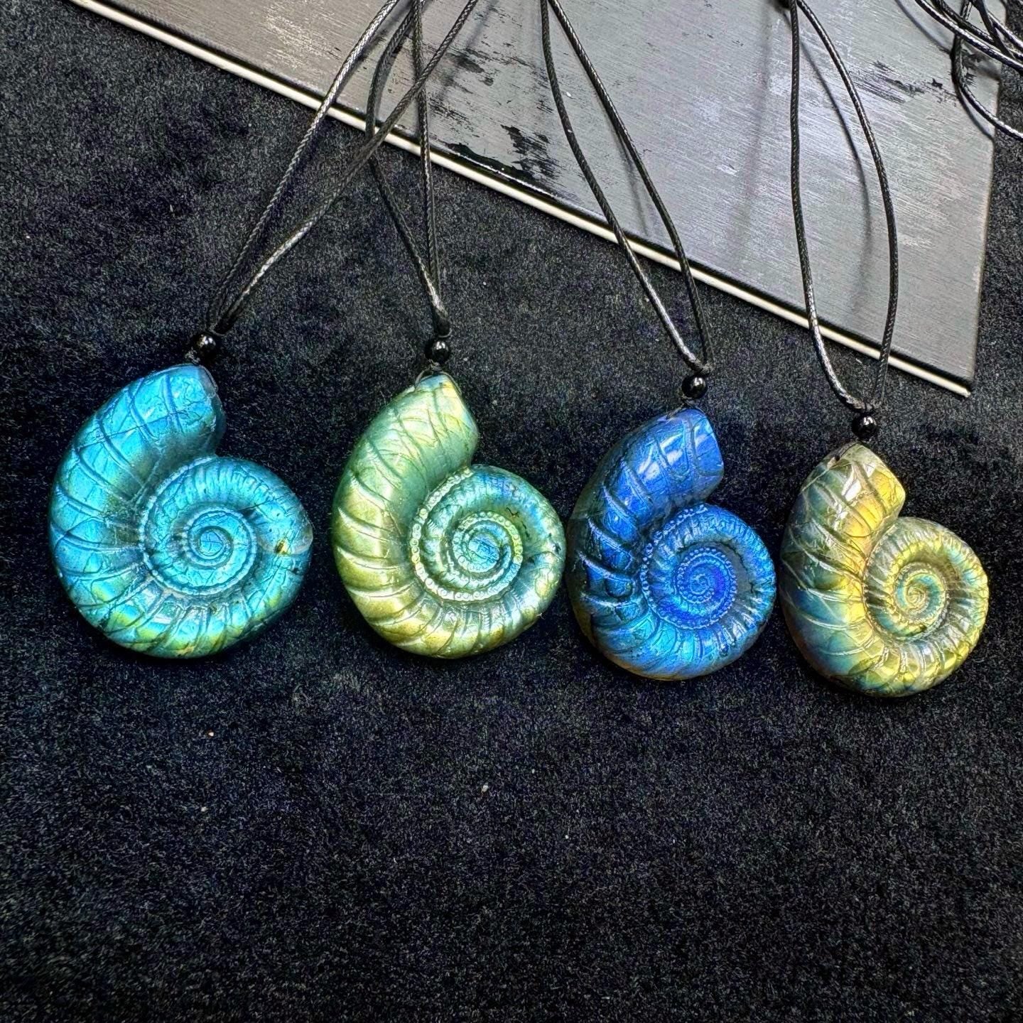 Hand-Carved Labradorite Seashell Pendant, Waxed Cord Choker
