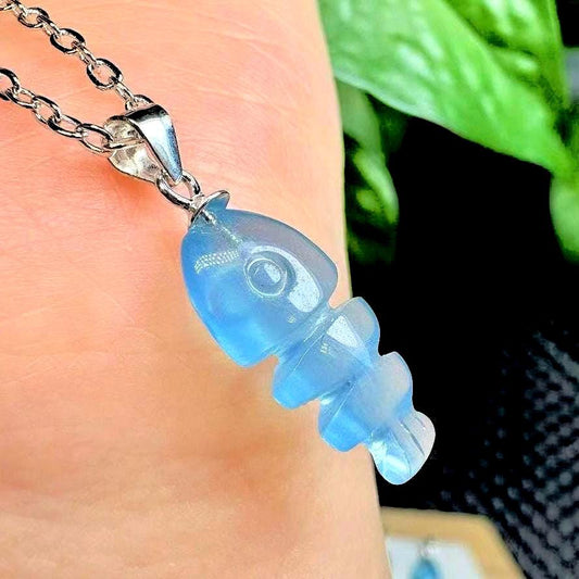 Aquamarine Fishbone Pendant Necklace, Sterling Silver Healing Crystal