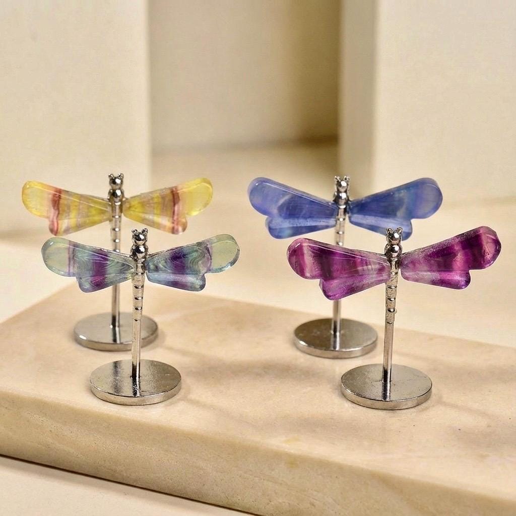 Rainbow Fluorite Butterfly & Dragonfly Figurine, Fairy Garden Miniature Accessory, Crystal Insect Decor on Stand, Nature Inspired Ornament