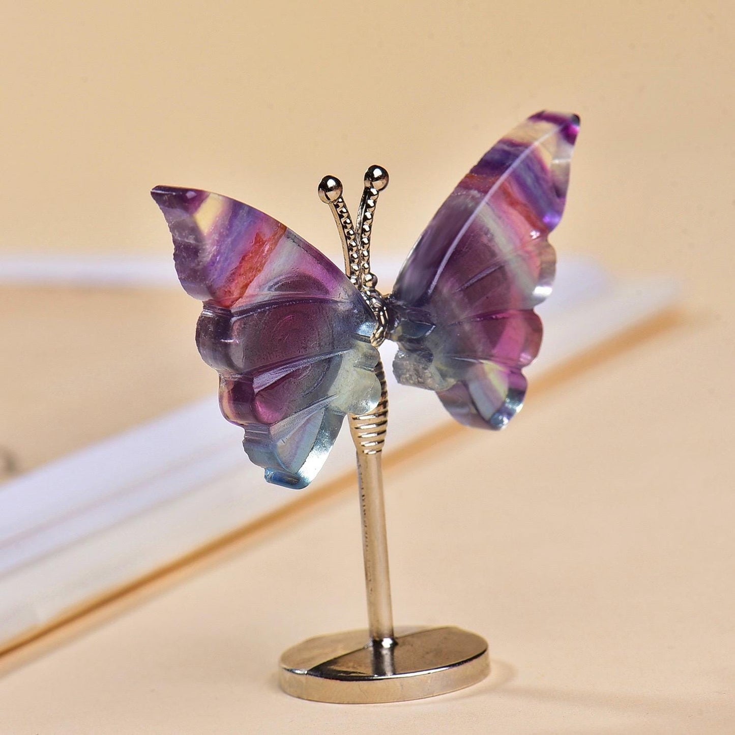 Rainbow Fluorite Butterfly & Dragonfly Figurine, Fairy Garden Miniature Accessory, Crystal Insect Decor on Stand, Nature Inspired Ornament