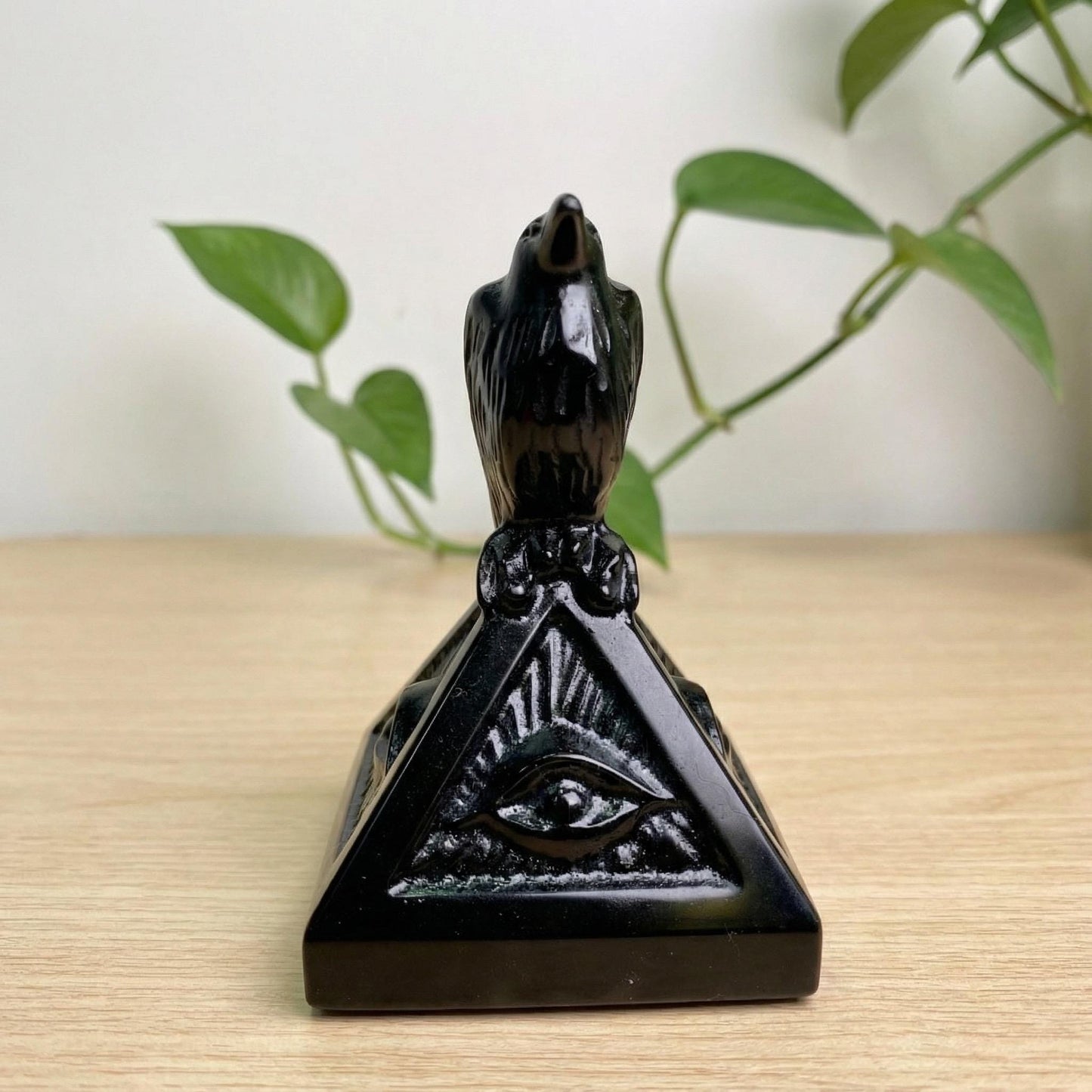 Black Obsidian Pyramid with Eye of Horus & Raven, Hand Carved Gothic Altar Decor, Spiritual Protection Stone, Ancient Egyptian Style Gift
