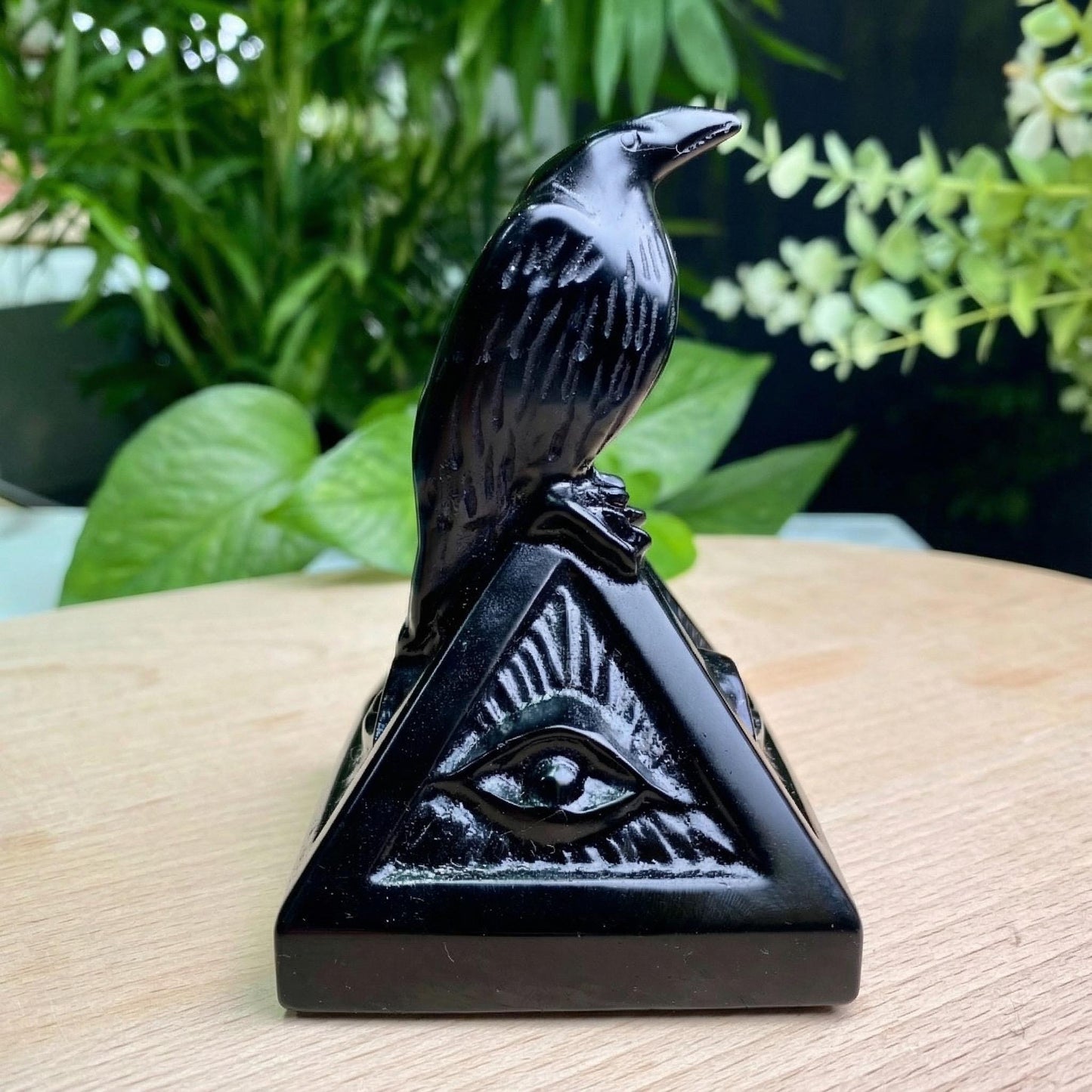 Black Obsidian Pyramid with Eye of Horus & Raven, Hand Carved Gothic Altar Decor, Spiritual Protection Stone, Ancient Egyptian Style Gift