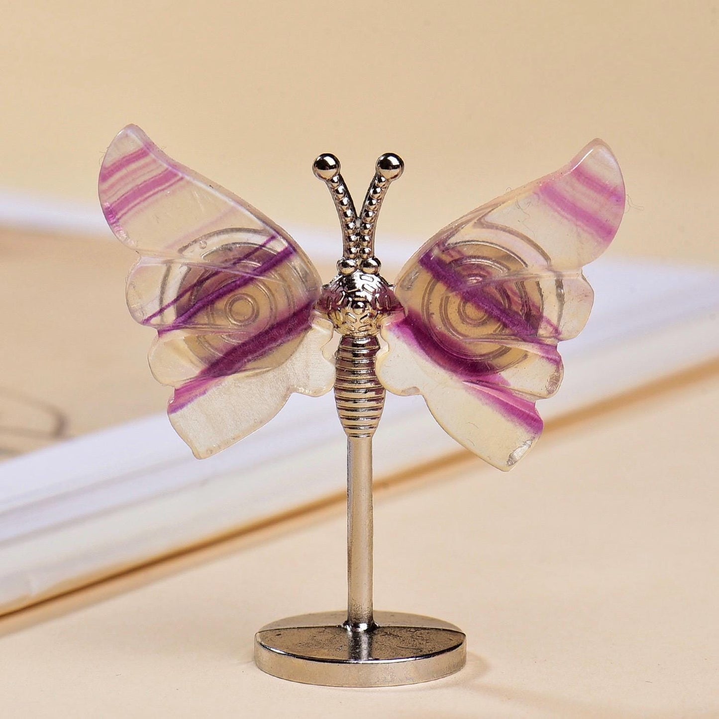 Rainbow Fluorite Butterfly & Dragonfly Figurine, Fairy Garden Miniature Accessory, Crystal Insect Decor on Stand, Nature Inspired Ornament