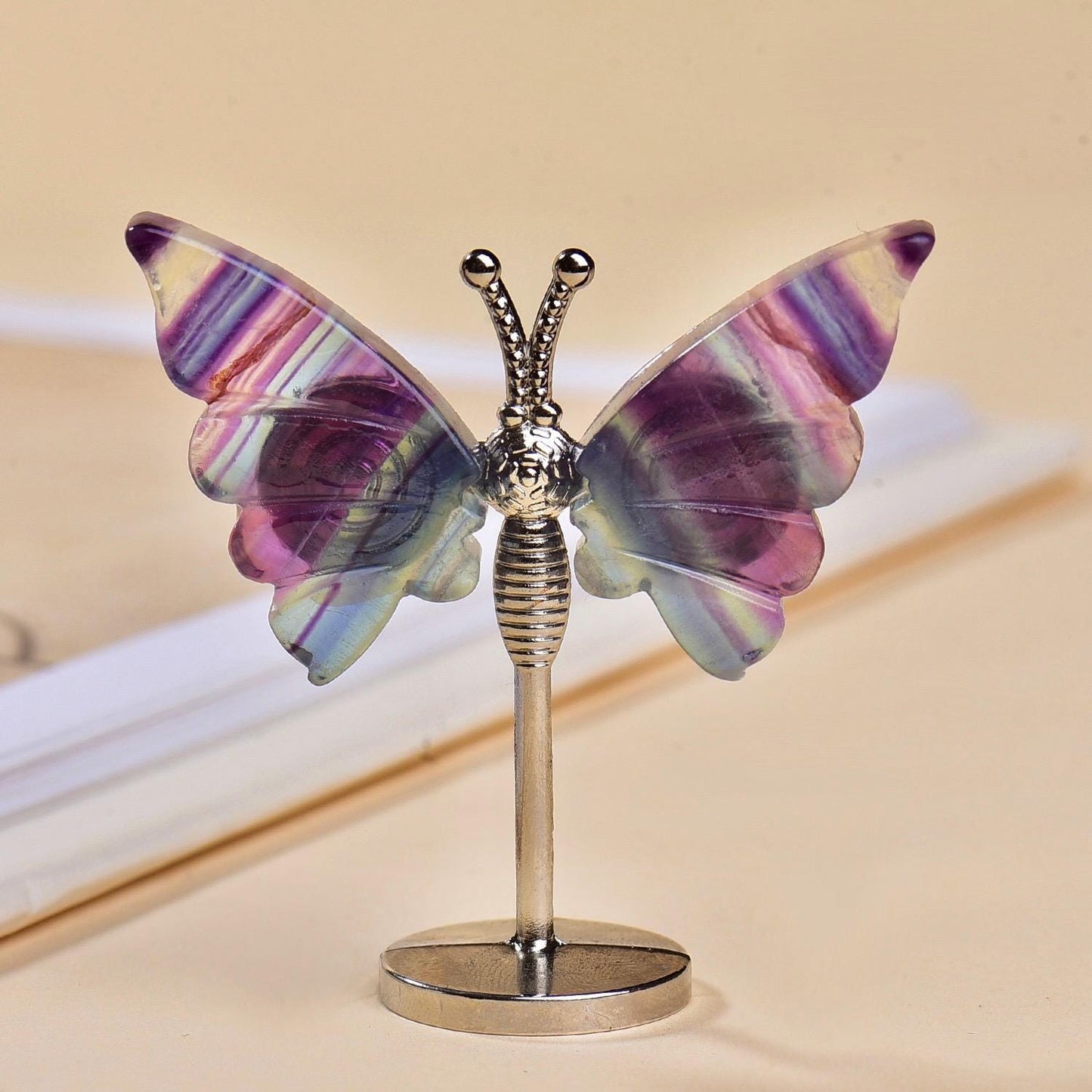 Rainbow Fluorite Butterfly & Dragonfly Figurine, Fairy Garden Miniature Accessory, Crystal Insect Decor on Stand, Nature Inspired Ornament