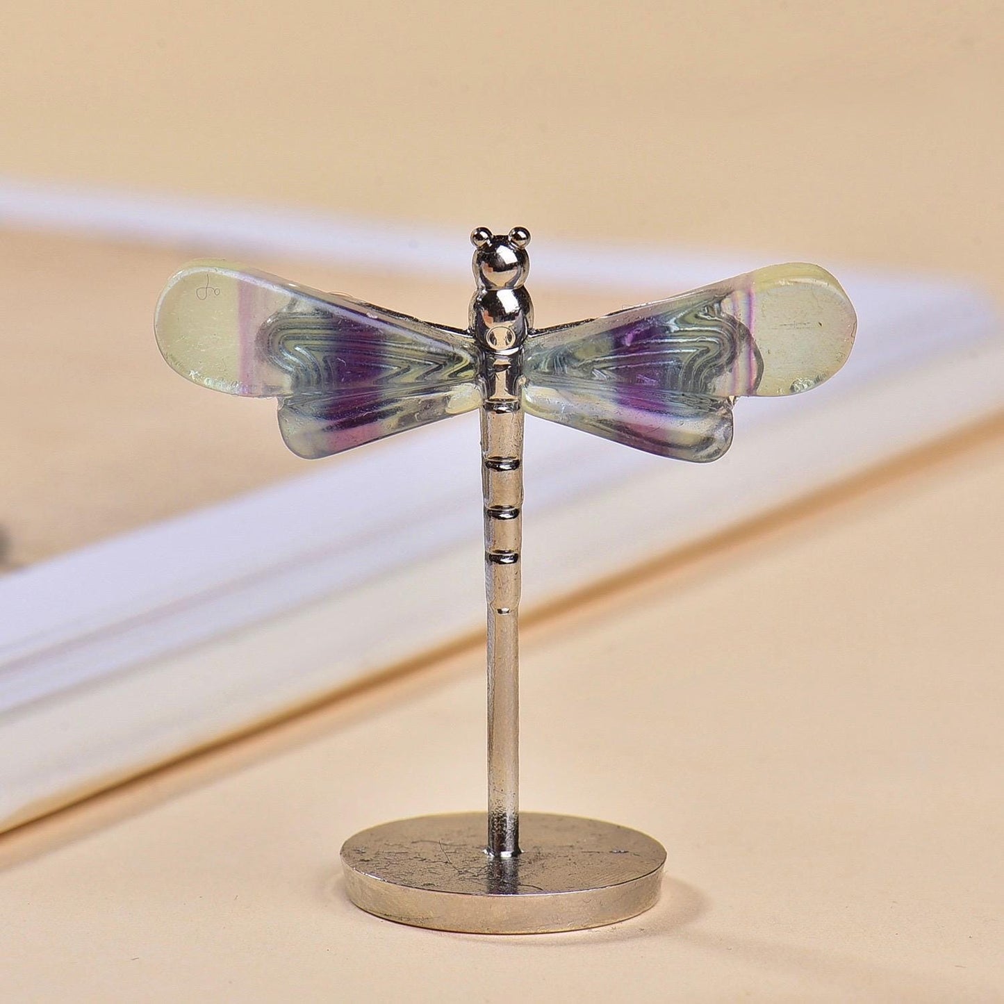Rainbow Fluorite Butterfly & Dragonfly Figurine, Fairy Garden Miniature Accessory, Crystal Insect Decor on Stand, Nature Inspired Ornament
