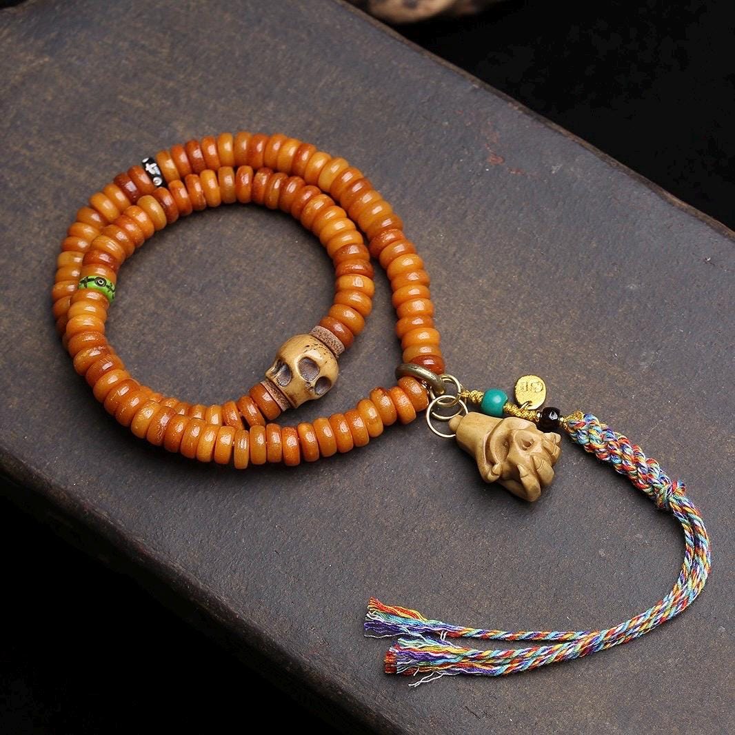 108 Tablet Bead Mala Bracelet, Polished Meditation Prayer Beads, Buddhist Style Jewelry
