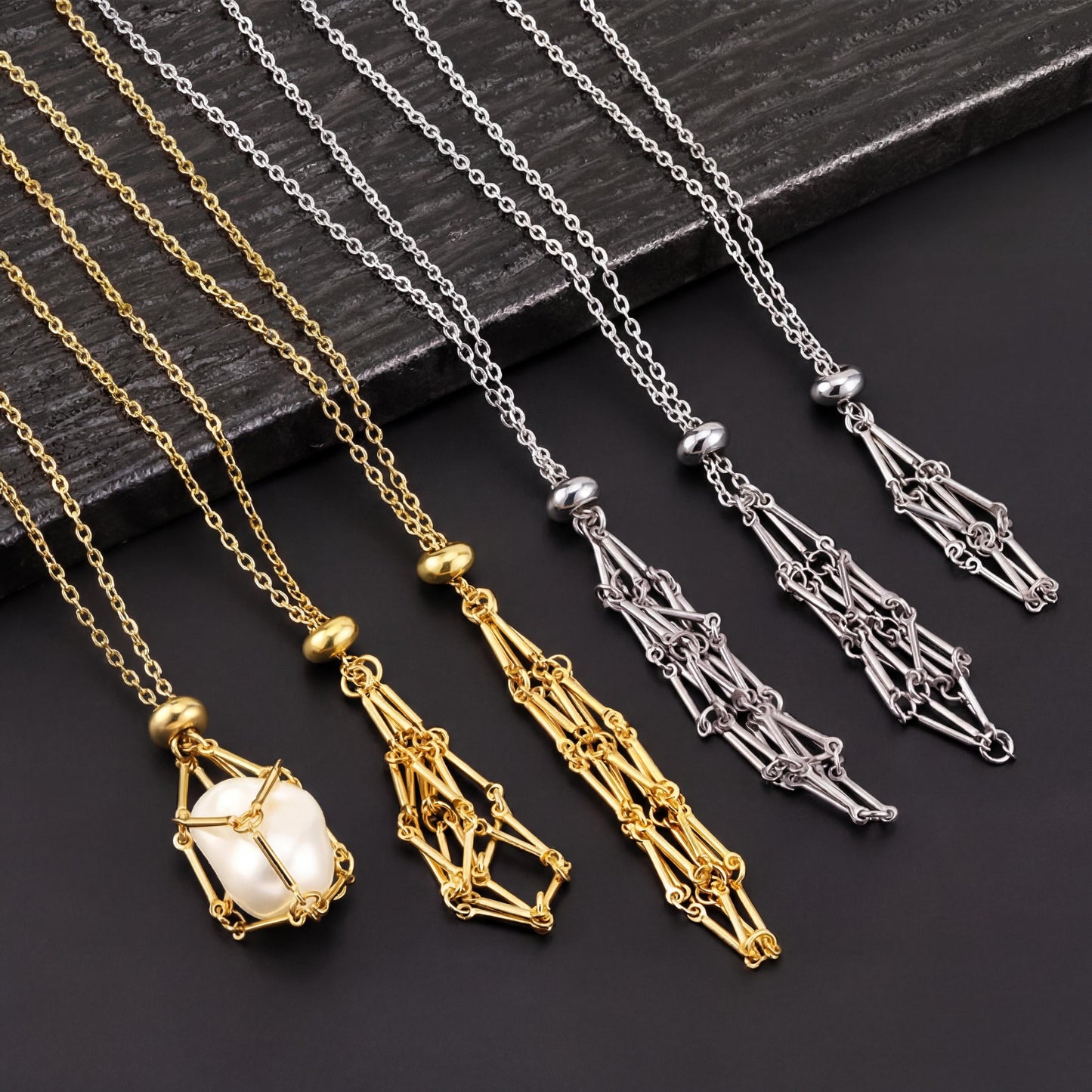 Stainless Steel Cage Necklace Holder, Adjustable Mesh Raw Stone Holder, Minimalist Boho Necklace for Crystal, DIY Stone Jewelry Gift